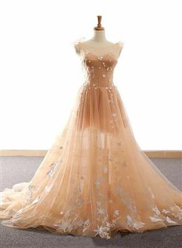 Picture of Pretty Champagne Straps Custom Tulle Party Dresses, Lace Applique Formal Dresses